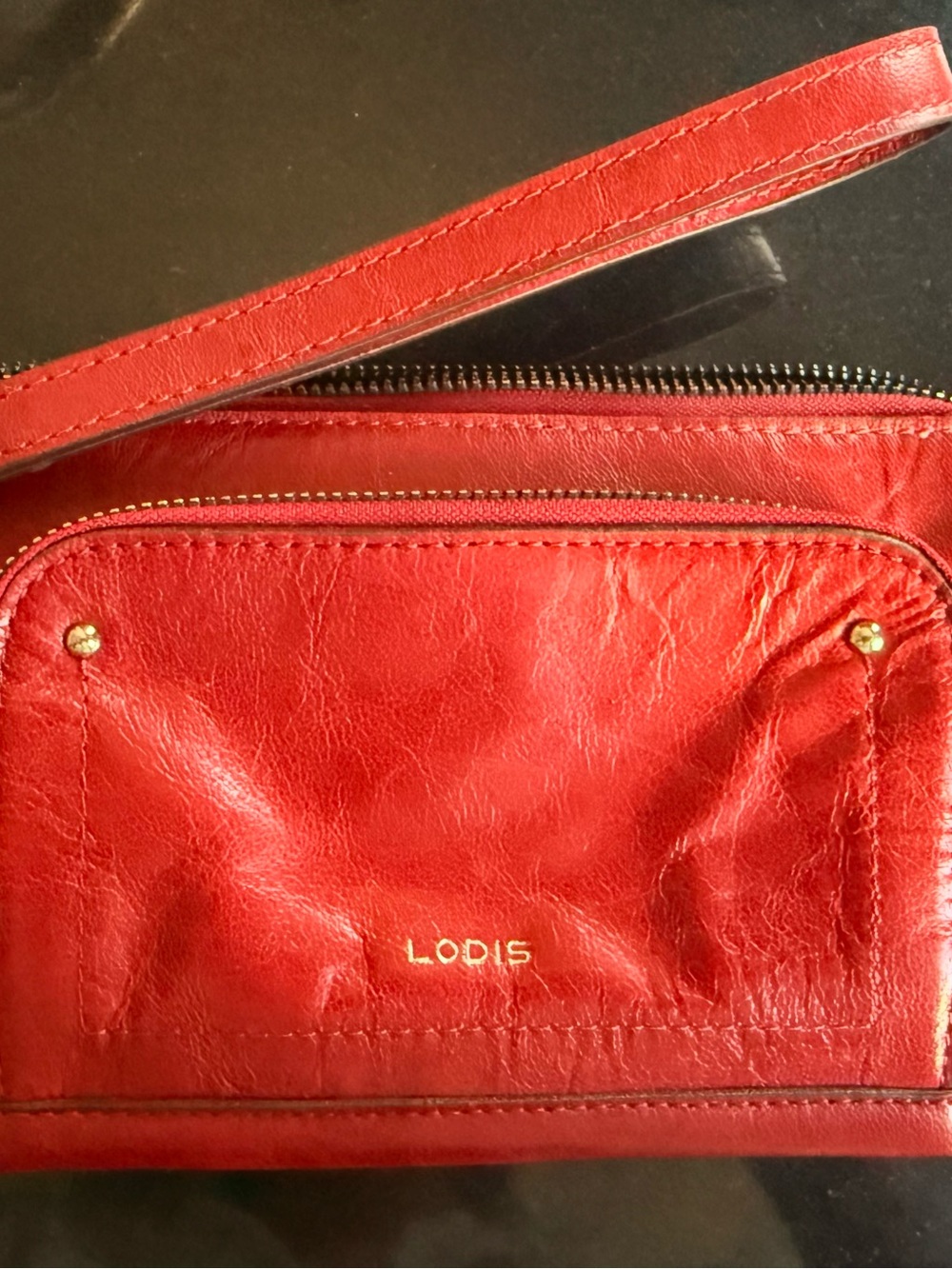 Lodis Red Leather Wristlet Clutch with Gold Logo